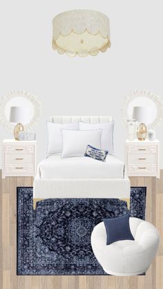 a bedroom with white furniture and blue rug