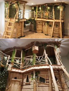 this is an unusual house made out of pallet boards and wood planks with plants growing on the roof