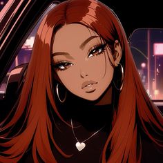 Anime Profile picture for pretty girls with red hair, sitting in a car, black anime character, anime aesthetic Black Anime Oc Female, Anime Baddie, Rich Baddie, Poc Icons, Characters With Red Hair, Anime Profile Picture, Baddie Pfp, Red Hair Cartoon, Illustration Portraits