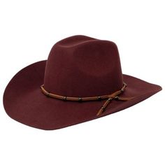 Wool Felt Cattleman's Crease Cowboy With Studded Leather Cording Adjustable Very Stiff Brim Leather Hat Bands For Ranch In Fall, Brown Leather Felt Hat For Rodeo, American Cowboy Hats Felt, Luxury Leather Cowboy Hat With Curved Brim, Brown Felt Ranch Hat, Maroon Felt Cowboy Hat, Red Western Hat With Curved Brim, Red Felt Hat With Curved Brim, One Size, Studded Leather