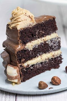 a slice of chocolate cake on a plate with nuts