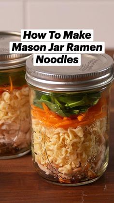 three jars filled with different types of food on top of a wooden table next to each other