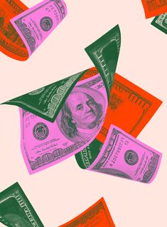 an image of money flying through the air on a pink and green background with red accents