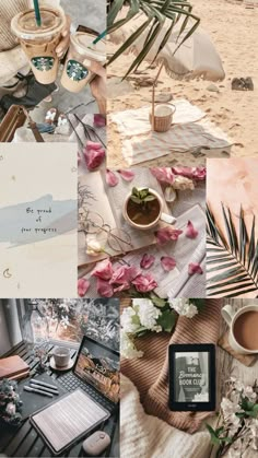 a collage of photos with flowers, plants and other things on the table in front of them