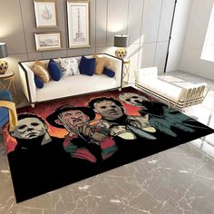 a living room area rug with three cartoon characters on it