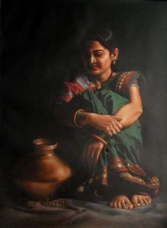 a painting of a woman sitting next to a pot