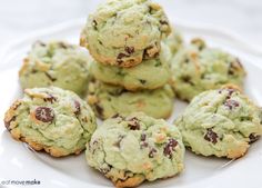 chocolate chip cookies stacked on top of each other in a white plate with text overlay