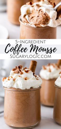 three glasses filled with coffee mousse and topped with whipped cream