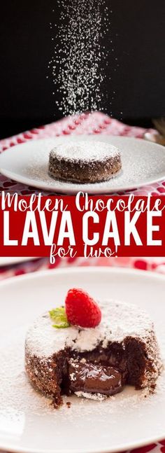 a chocolate lava cake with powdered sugar sprinkles on top and the words modern chocolate lava cake for two above it