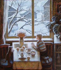 a painting of two children sitting at a table in front of a window with snow outside