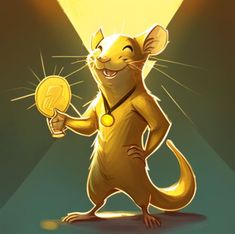 a cartoon rat holding a gold coin in its paws and smiling at the camera with light coming from behind it