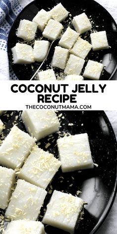 coconut jelly is cut into squares on a black plate