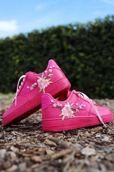 Embroidered Blossom Flower Patch Custom Hot Pink Air Force 1 – solecraftstudio Pink Air Force 1, Pink Shoelaces, Air Force 1 Sneakers, Wedding Sneakers, Flower Patch, Custom Sneakers, Blossom Flower, Embroidered Flowers, Embroidered Patches