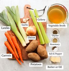 the ingredients to make this recipe include carrots, celery, onions, garlic, and broth