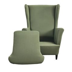 an upholstered chair and footstool in light green fabric with dark wood legs