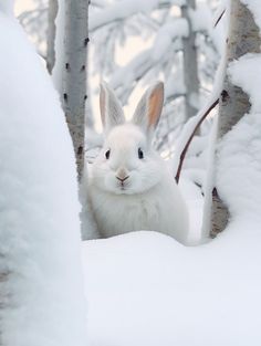 a white rabbit sitting in the snow between some trees and snow covered ground, looking at the camera