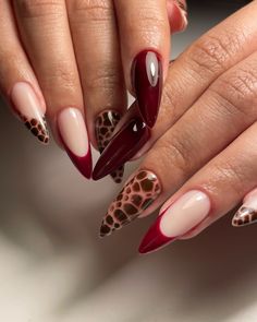 swipe & it just keeps getting better🤤🐆🍒🤎 . Service- Gel extensions . . Femme nails (Nail art, gel, extensions, acrylic, nails, BIAB, overlays, Russian manicure, red nails, Leopard print, cheetah print, trending, Mumbai) November Red Nails, Cat Eye Nails Almond Shape, November Stiletto Nails, Funky Autumn Nails, Fall Stiletto Nails Design, Funky Fall Nails, Autumnal Nails, Leopard Print Nail Art, Nails Leopard