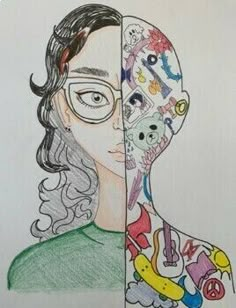 a drawing of a woman with glasses and tattoos on her face next to a drawing of a man's head