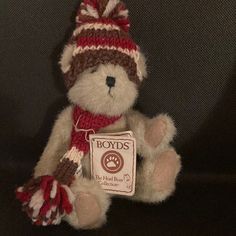 a teddy bear wearing a knitted hat and scarf