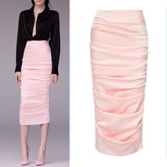 Regan Blush Pink Satin Crepe Ruched Midi Pencil Skirt From Alex Perry, Sold At Neiman Marcus. New With Tags (A Few Minor Snags Due To Storage, Not Noticeable Due To Ruching). Size Uk 12, Us 10, Waist ~15”, Length ~32”. B29 Formal Long Ruched Skirt, Elegant Ruched Skirt For Formal Occasions, Elegant Long Skirt With Ruched Details, Elegant Long Ruched Skirt, Elegant Ruched Midi Skirt, Elegant Ruched Long Skirt, Elegant Ruched Pencil Skirt For Party, Pink Knee-length Skirt For Formal Occasions, Elegant Pink Pencil Skirt For Parties