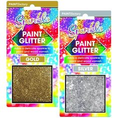 two packs of paint glitter in gold and silver, each with different colors on them