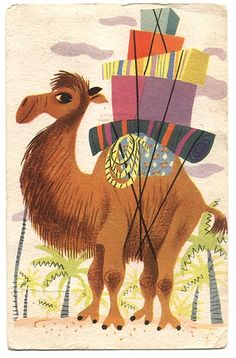 a card with a camel holding a clock