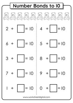 the worksheet for addition to 10 is shown with numbers and teddy bears on it