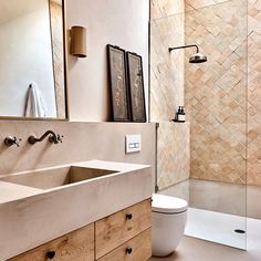 a bathroom with two sinks, a toilet and a walk - in shower next to it