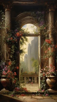 a painting of an open door with flowers on the outside and mountains in the background