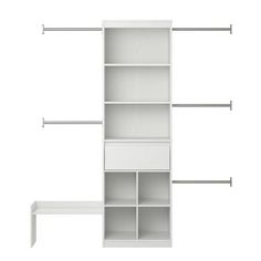 a white bookcase with three shelves and two drawers on each side, against a white background