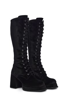 cuz you love a throwback. These boots have a velvet construction, a square toe design, block heels, front laces, and side zipper closures. Bkack Boots, Vampire Heels, Whimsigoth Boots, Vampire Shoes, Alt Boots, Black Boots Aesthetic, Black Boots Heels, Gothic Heels, Lace Up Thigh High Boots