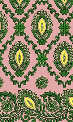 a pink background with green and yellow designs on the bottom half of it, in an ornate pattern