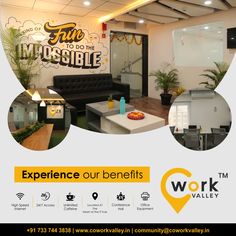 an advertisement for work valley's office space with pictures of furniture and signs on the wall