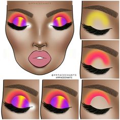 Colorful Eye Makeup Tutorial, Diy Eyeshadow, Virtual Makeup, Makeup Charts, Face Charts, Makeup Face Charts, Makeup Tutorial Eyeshadow, Eye Makeup Steps, Face Chart