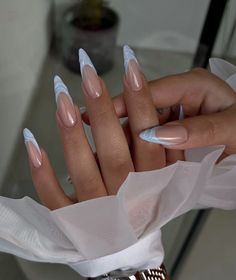 Stylish Nails Almond Summer, Blue Claw Nails, Long Oval Nails Designs Ideas, Long Oval Nails Designs Summer, Summer Nails Stiletto Short, Acrylic Nail Designs For Summer Long, Baby Blue Hoco Nails, Summer Long Almond Nails, Powder Blue Almond Nails