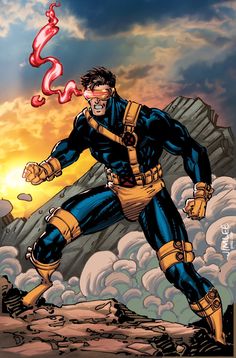 a man in blue and yellow is running through the air with his hands on his hips