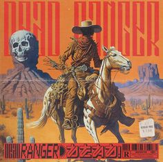 an old western movie poster with a man on a horse and a skull in the background