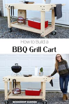 a woman standing next to a bbq grill cart with the words how to build a bbq grill cart