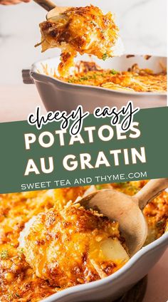 cheesy easy potato au gratin in a casserole dish with text overlay