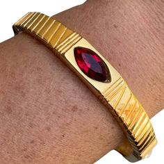 Vintage Bangle Bracelet 80s 90s Couture Gold Clear Ruby Red Rhinestone by Mone | Shop THRILLING 90s Couture, Vintage Bangle Bracelets, Vintage Bangles, Vintage Monet, Red Rhinestone, Ruby Red, Vintage Boutique, Gold Tone Metal, Bangle Bracelet