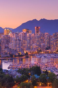 the city skyline is lit up at night, with boats in the harbor and mountains in the background