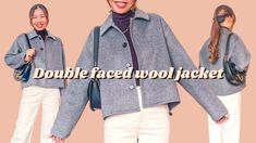 two women wearing jackets and white pants with the words double faced wool jacket