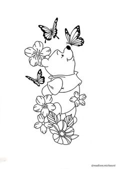 a drawing of a frog with flowers and butterflies