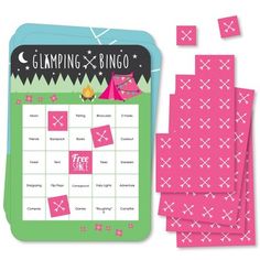 a pink and green game board next to several pieces of paper with the words glamping