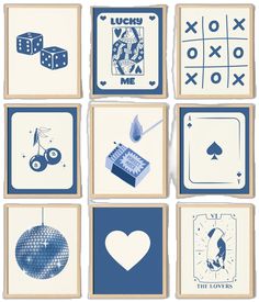 several cards with different designs on them, including dices and symbols for the game