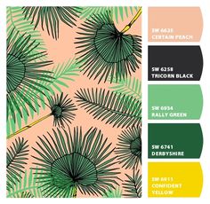 the color scheme is green, yellow and pink with palm leaves on it in different shades