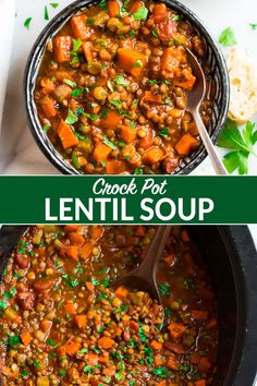 lentil soup with carrots and peas in a black bowl