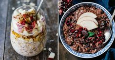 two pictures side by side, one with oatmeal and the other with fruit