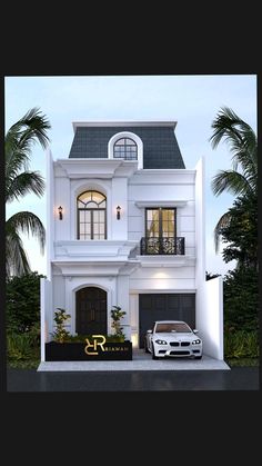 a white car parked in front of a large house with palm trees on both sides