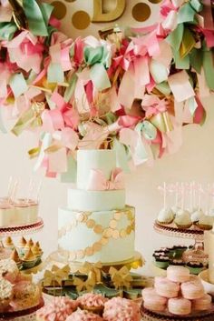 a table topped with lots of cakes and cupcakes